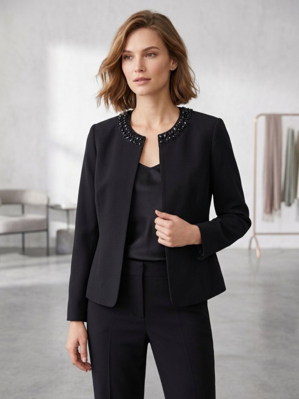 Kasper Separates Black Formal Beaded Collar Blazer Jacket